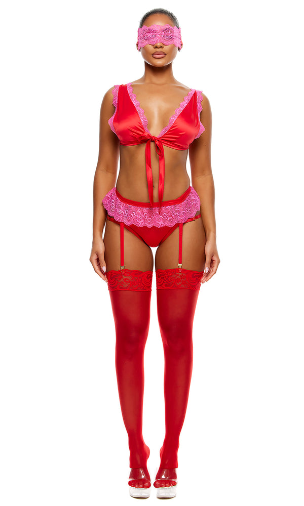 Forplay No Strings Attached Satin And Mesh Lace Trim Bra And Garter Belt Lingerie Set - Red Pink Red Pink