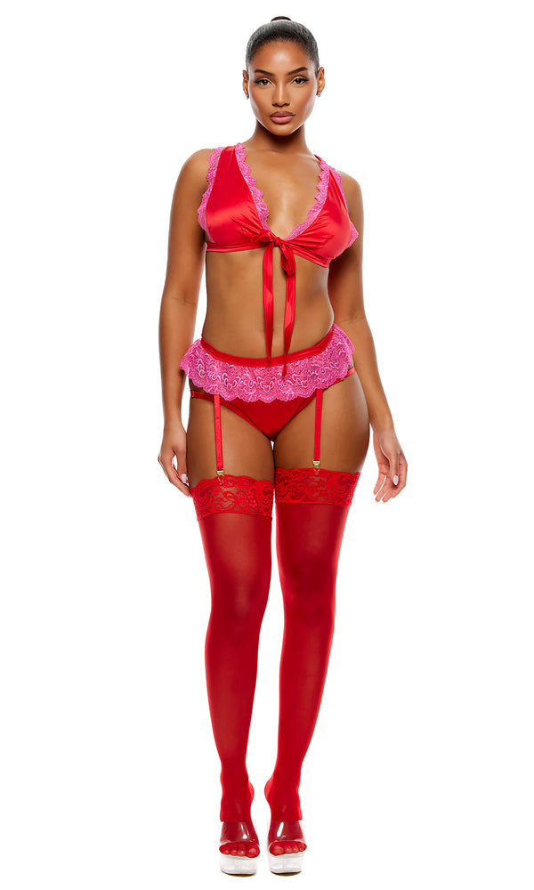 Forplay No Strings Attached Satin And Mesh Lace Trim Bra And Garter Belt Lingerie Set - Red Pink Red Pink