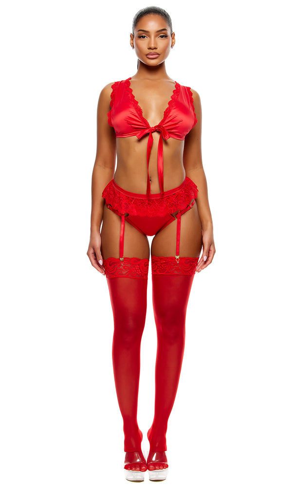 Forplay No Strings Attached Satin And Mesh Lace Trim Bra And Garter Belt Lingerie Set - Red Red