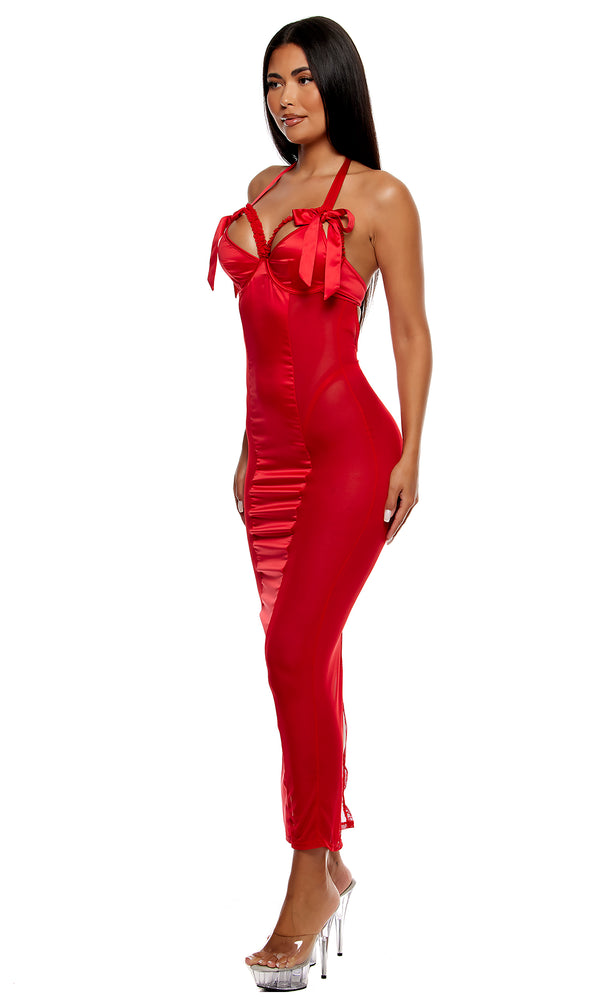 Forplay No Strings Attached Satin And Mesh Lace Trim Nightgown Lingerie Set - Red Red