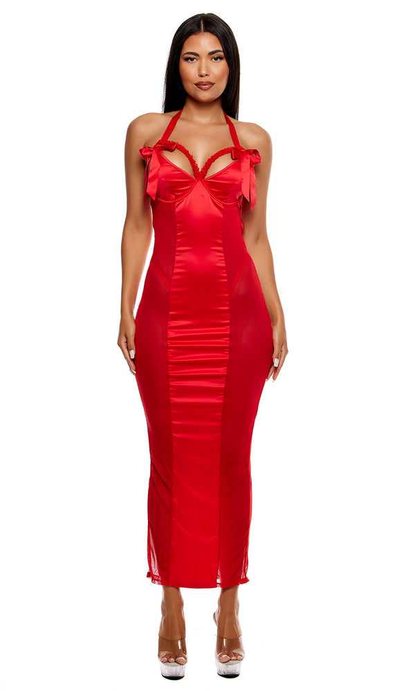 forplay No Strings Attached Satin and Mesh Lace Trim Nightgown Lingerie Set - Red Red