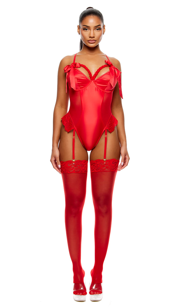 Forplay No Strings Attached Satin And Mesh Lace Trim Teddy Lingerie Set - Red Red