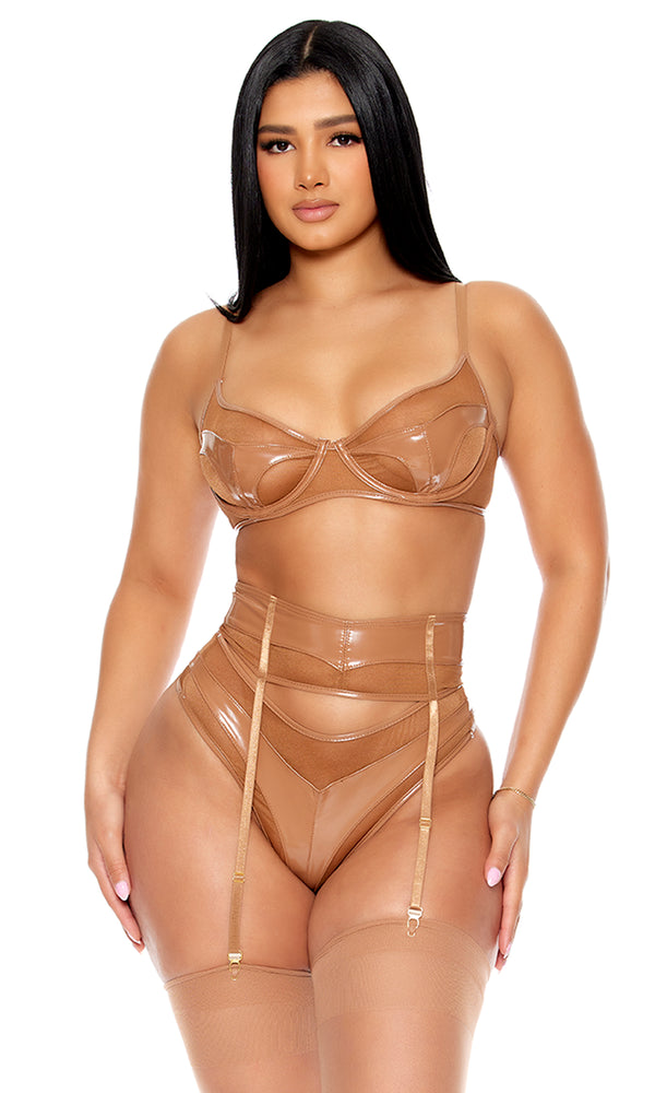 forplay Opposites Attract Mesh and Vinyl Bra and Garter Belt Lingerie Set Brown