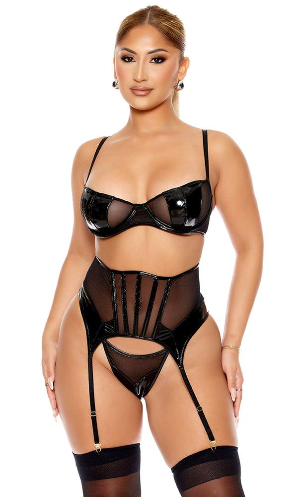 forplay Opposites Attract Mesh and Vinyl Bra and Waist Cincher Lingerie Set Black