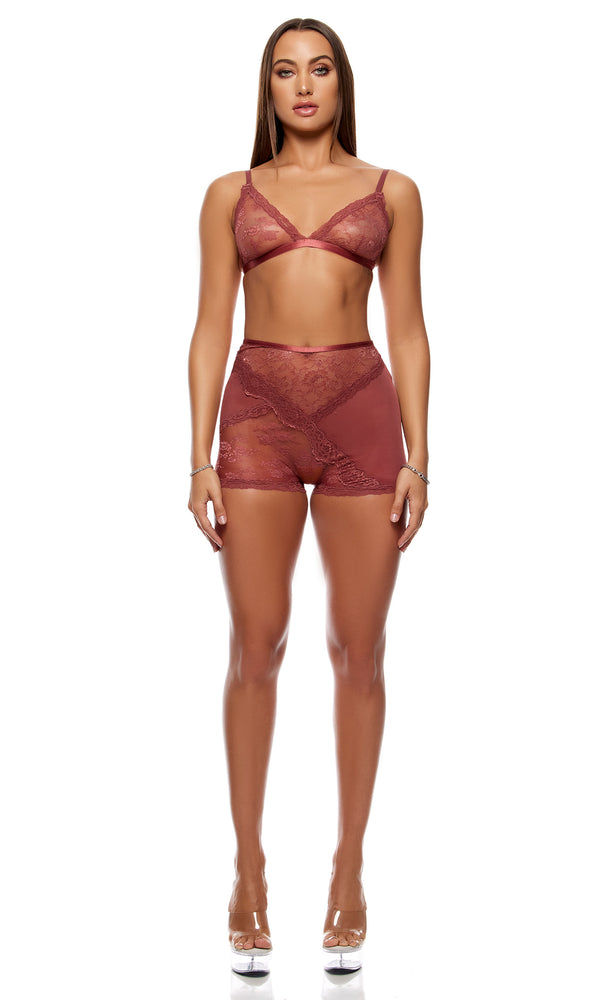 Forplay Patch Of Petals Lace Bralette And Shorts Lingerie Set - Spice Spice