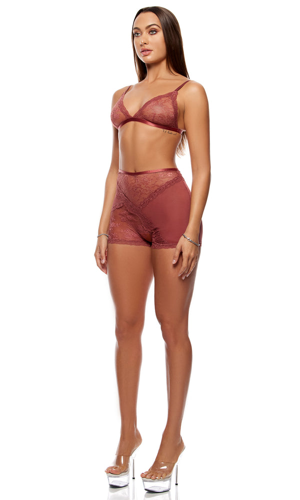 forplay Patch of Petals Lace Bralette and Shorts Lingerie Set - Spice Spice