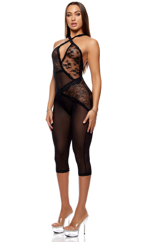 Forplay Patch Of Petals Lace Capri Catsuit - Black Black