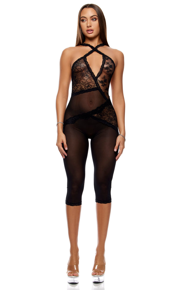 forplay Patch of Petals Lace Capri Catsuit - Black Black