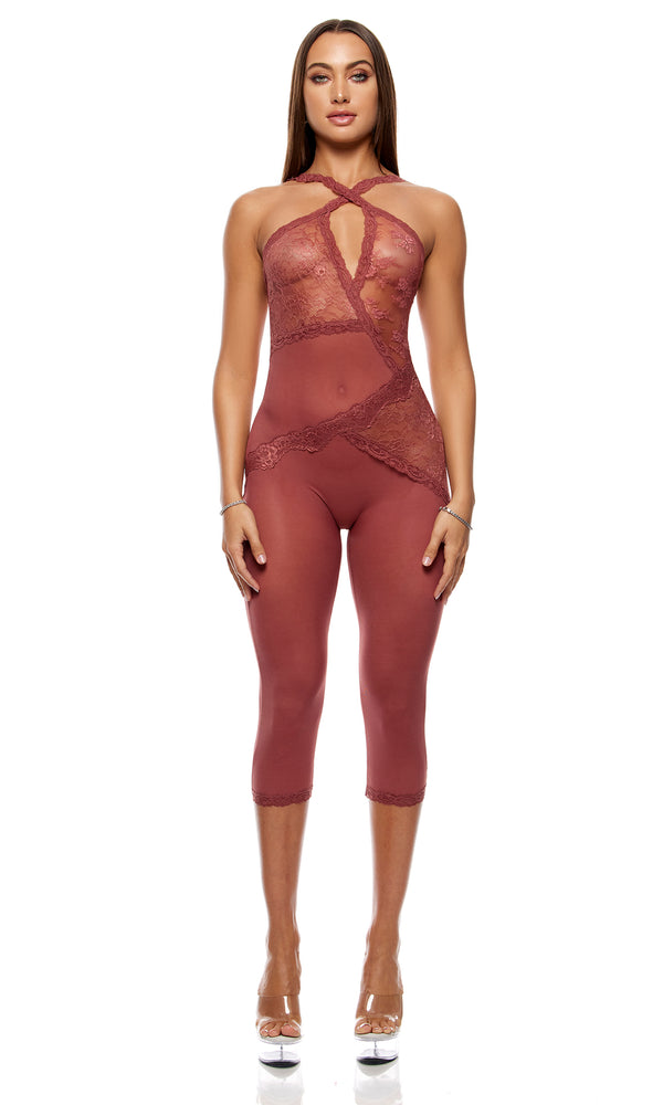 Forplay Patch Of Petals Lace Capri Catsuit - Spice Spice