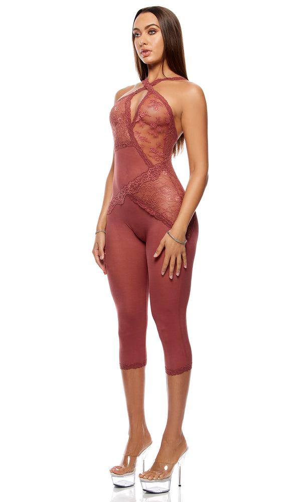forplay Patch of Petals Lace Capri Catsuit - Spice Spice