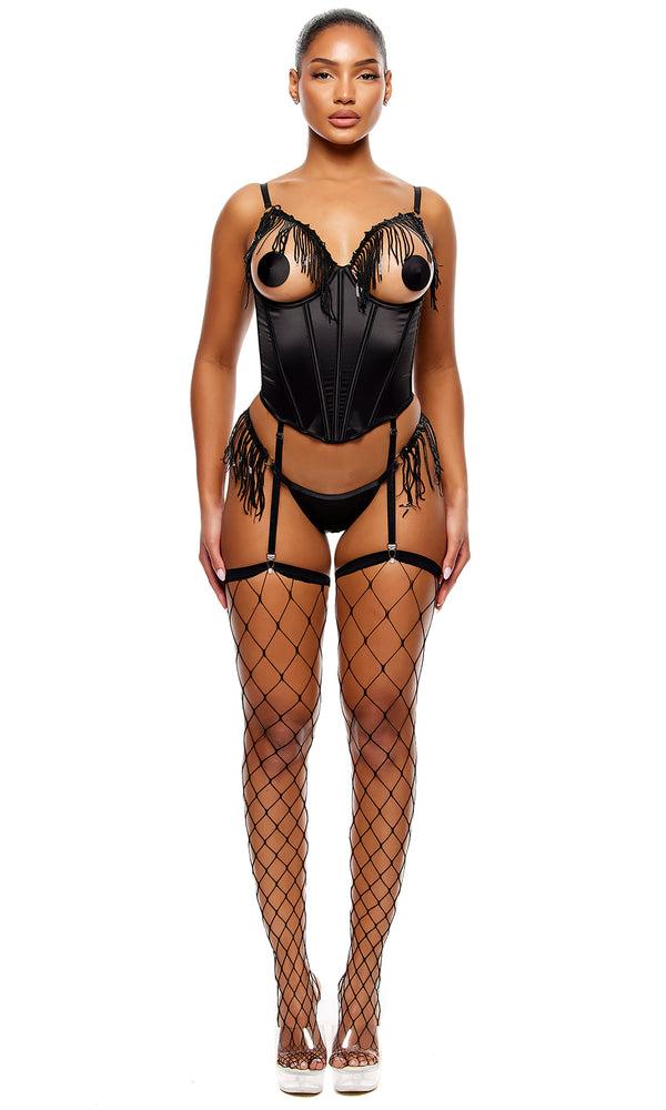forplay Peep Show Sequin Fringe Bustier Lingerie Set - Black Black