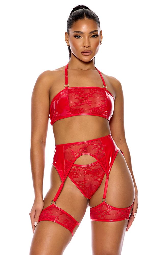 forplay Perfect Pair Vinyl and Lace Bra and Garter Belt Lingerie Set Red