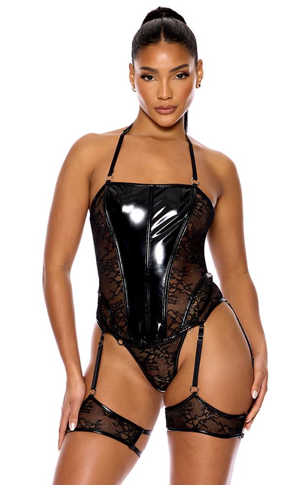 forplay Perfect Pair Vinyl and Lace Bustier Lingerie Set Black