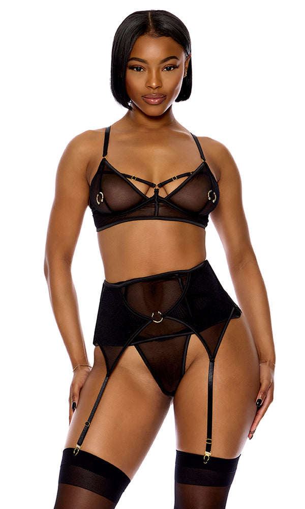 forplay Piercing Desire Mesh Bra and Waist Cincher Lingerie Set Black