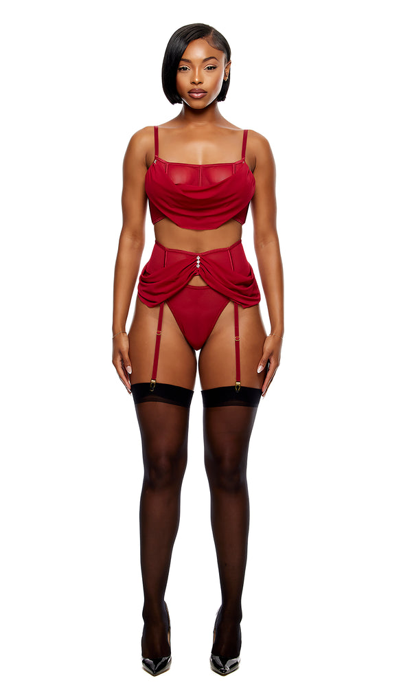 Forplay Princess Treatment Draped Mesh Bra And Garter Belt Lingerie Set - Wine Wine