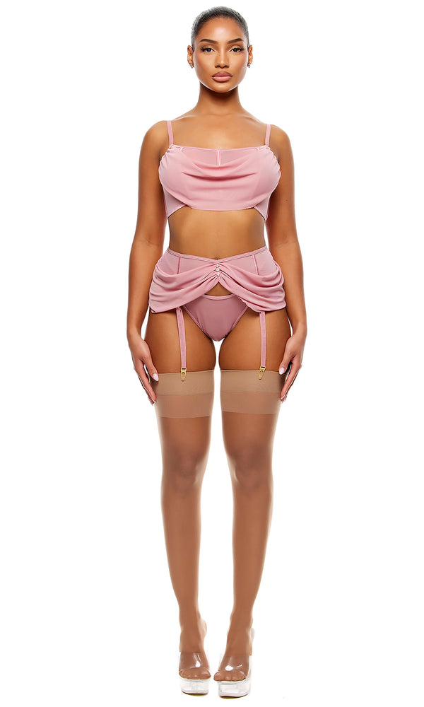 forplay Princess Treatment Draped Mesh Bra and Garter Belt Lingerie Set - Mauve Mauve