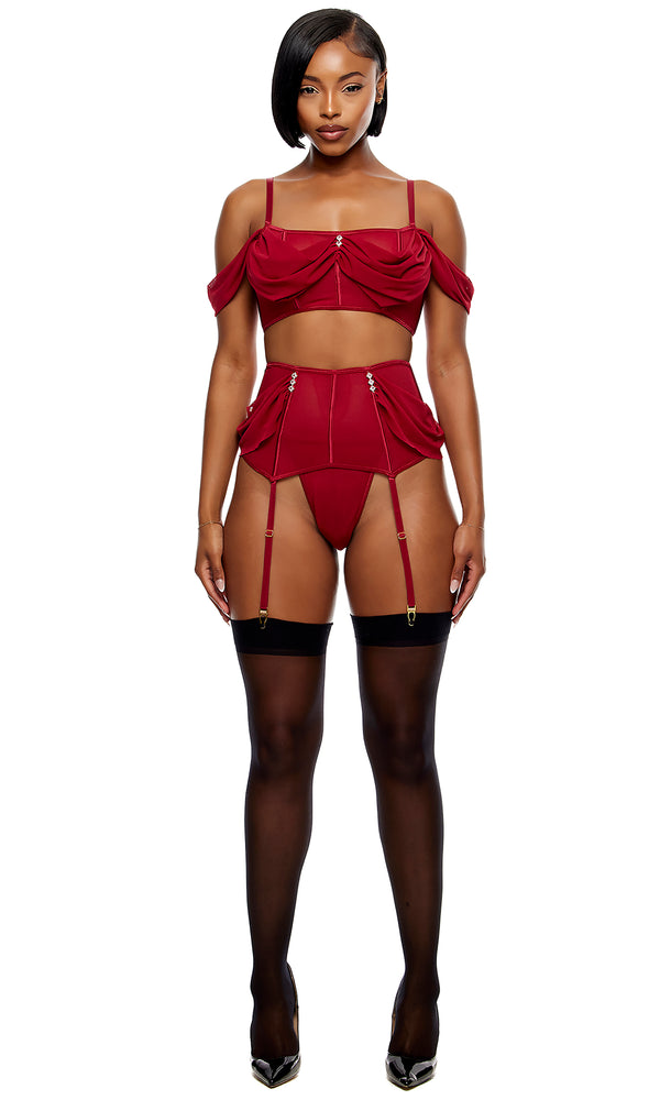 forplay Princess Treatment Draped Mesh Bra and Garter Skirt Lingerie Set - Wine Wine