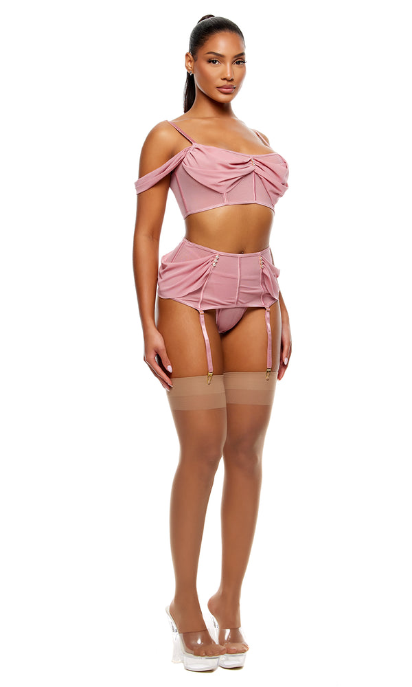 Forplay Princess Treatment Draped Mesh Bra And Garter Skirt Lingerie Set - Mauve Mauve