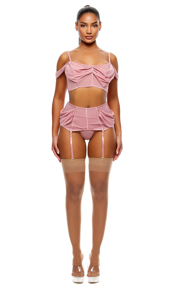 forplay Princess Treatment Draped Mesh Bra and Garter Skirt Lingerie Set - Mauve Mauve