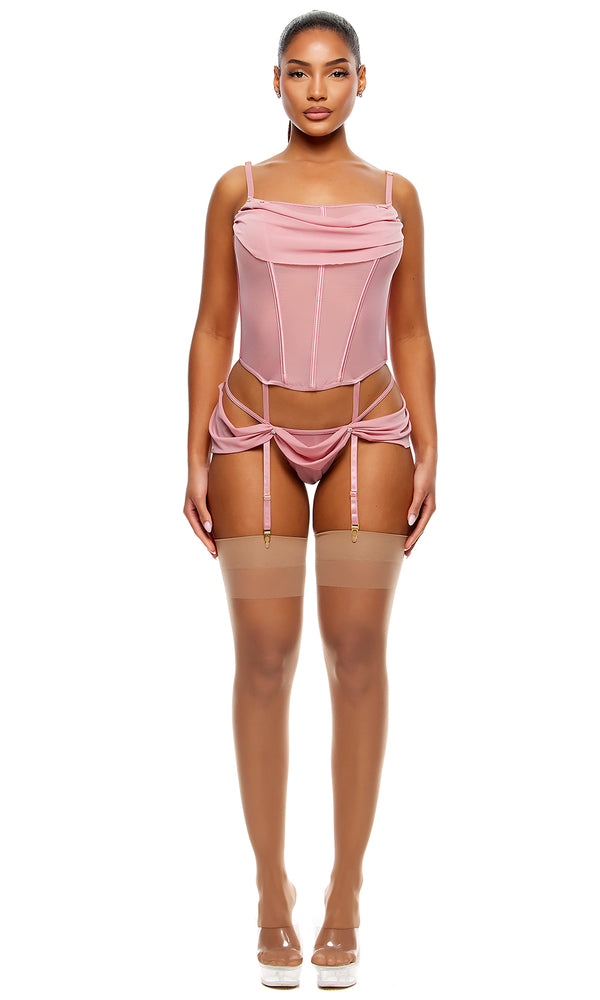 forplay Princess Treatment Draped Mesh Bustier Lingerie Set - Mauve Mauve