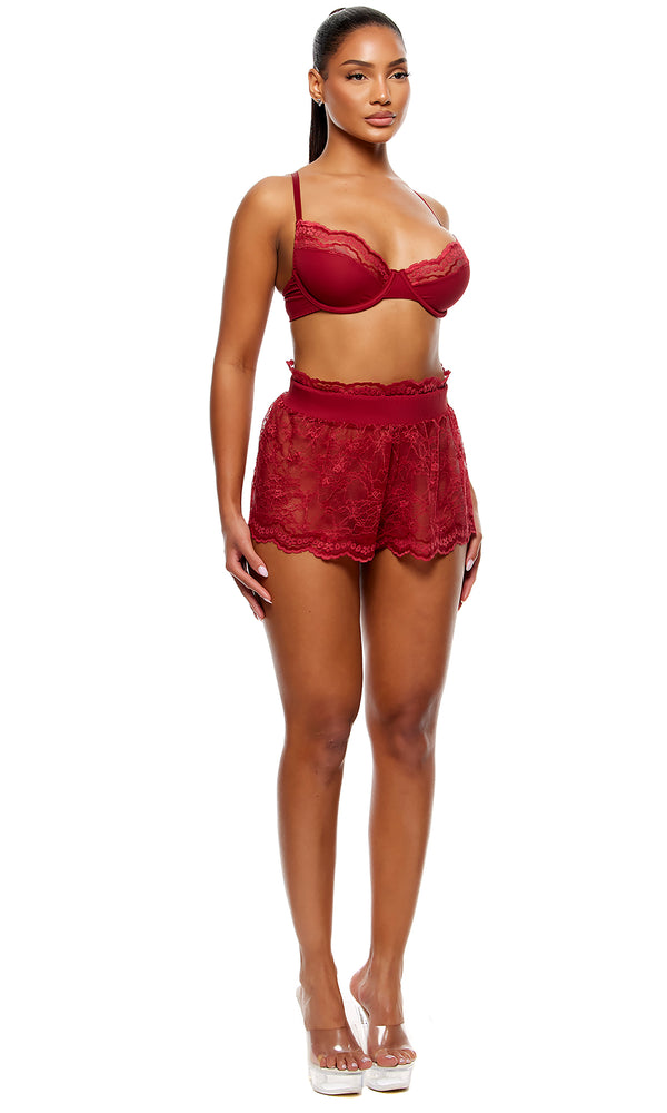 Forplay Self Care Ribbed Lace Bra And Shorts Lingerie Set - Wine Wine
