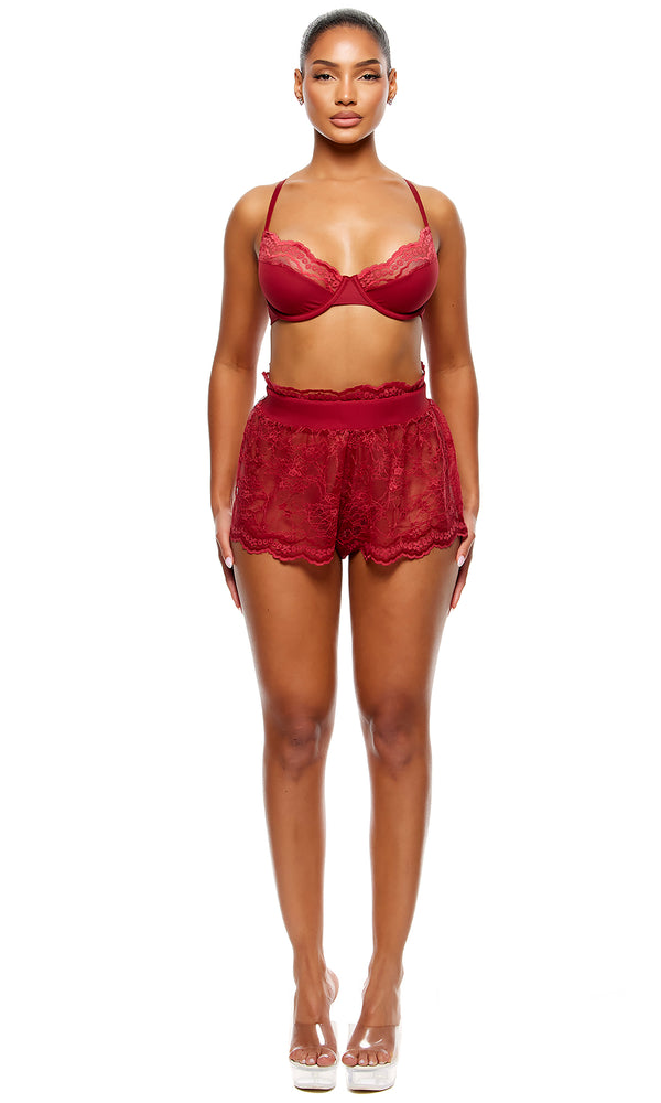 forplay Self Care Ribbed Lace Bra and Shorts Lingerie Set - Wine Wine