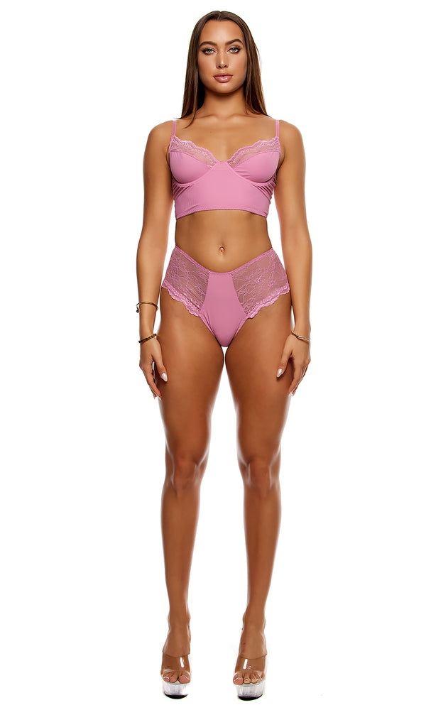 forplay Self Care Ribbed Lace Longline Bra Lingerie Set - Mauve Mauve