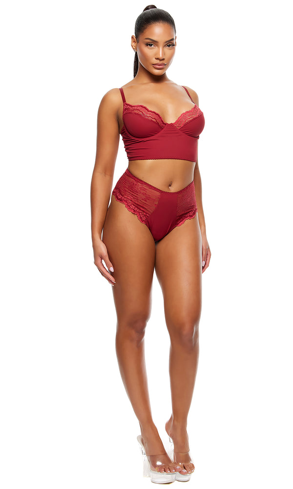 Forplay Self Care Ribbed Lace Longline Bra Lingerie Set - Wine Wine