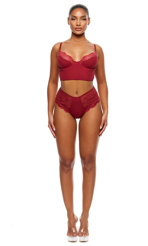 forplay Self Care Ribbed Lace Longline Bra Lingerie Set - Wine Wine