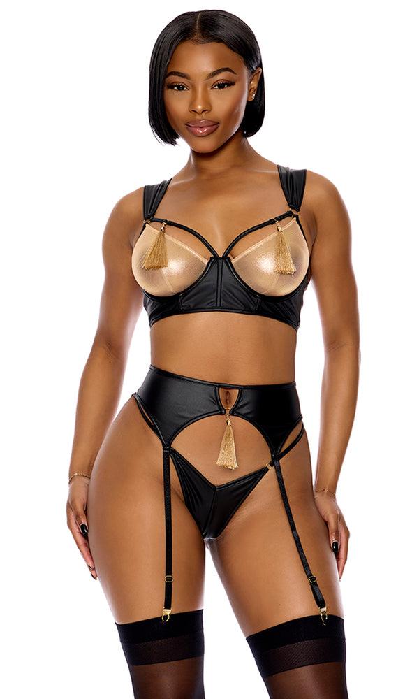 forplay Show Stopper Metallic Mesh Bra and Garter Belt Lingerie Set Black Gold