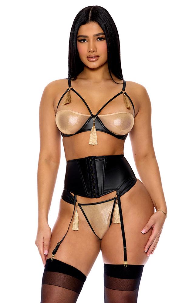 forplay Show Stopper Metallic Mesh Bra and Waist Cincher Lingerie Set Black Gold