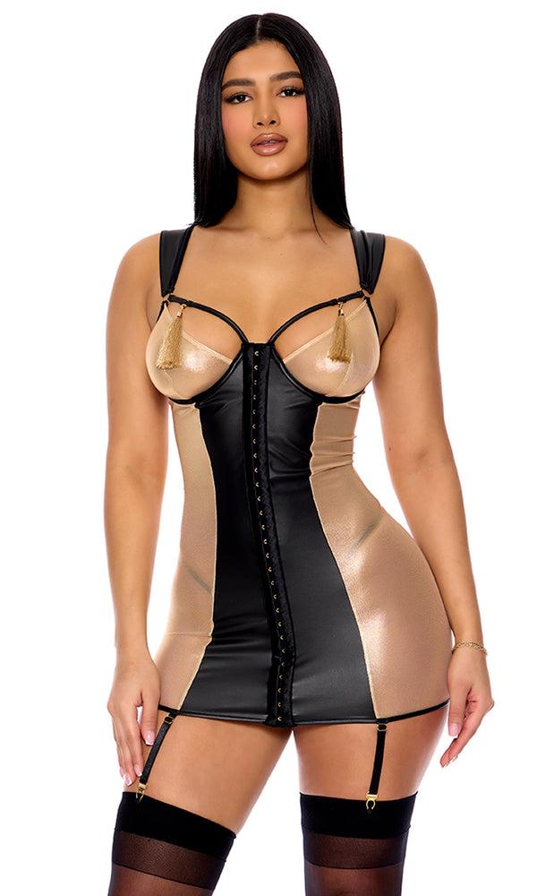forplay Show Stopper Metallic Mesh Chemise Lingerie Set Black Gold