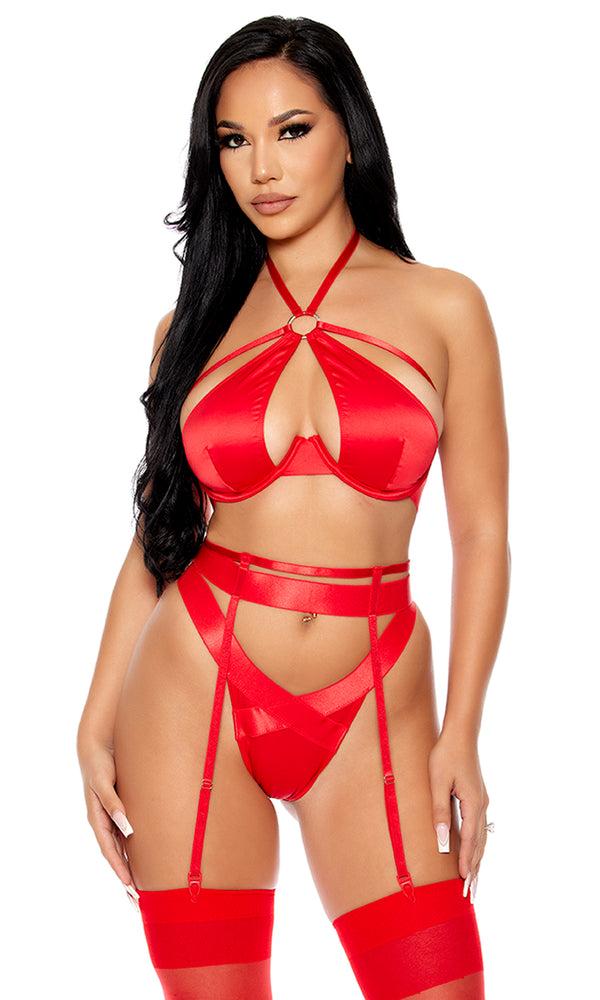 forplay Soft Life Satin Bra and Garter Belt Lingerie Set Red
