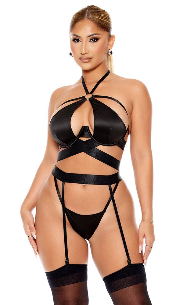 forplay Soft Life Satin Longline Bra Lingerie Set Black