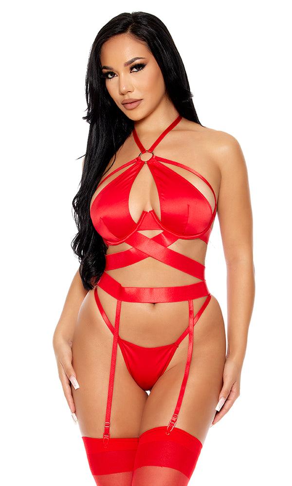 forplay Soft Life Satin Longline Bra Lingerie Set Red