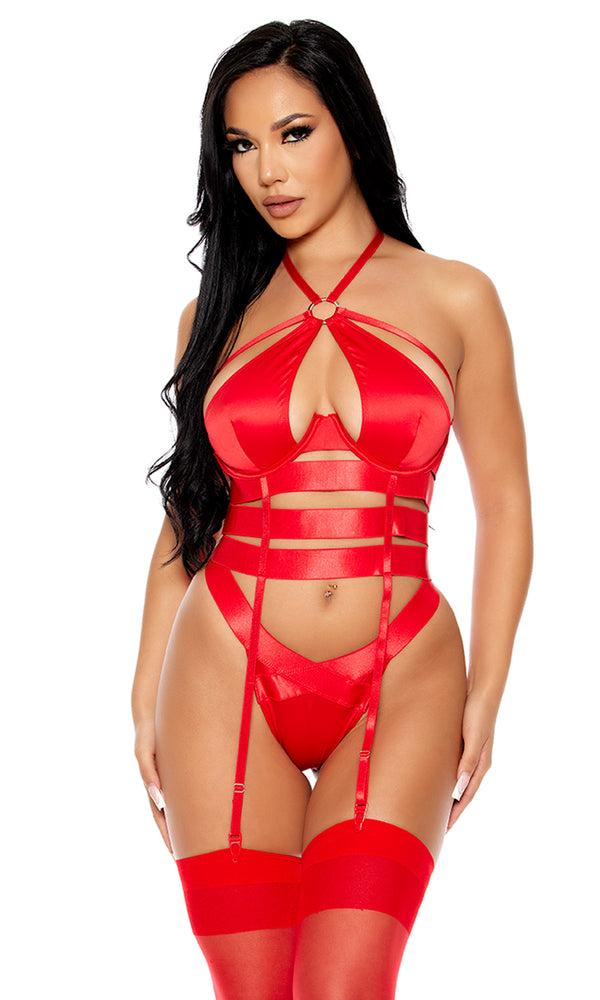 forplay Soft Life Satin Strappy Bustier Lingerie Set Red