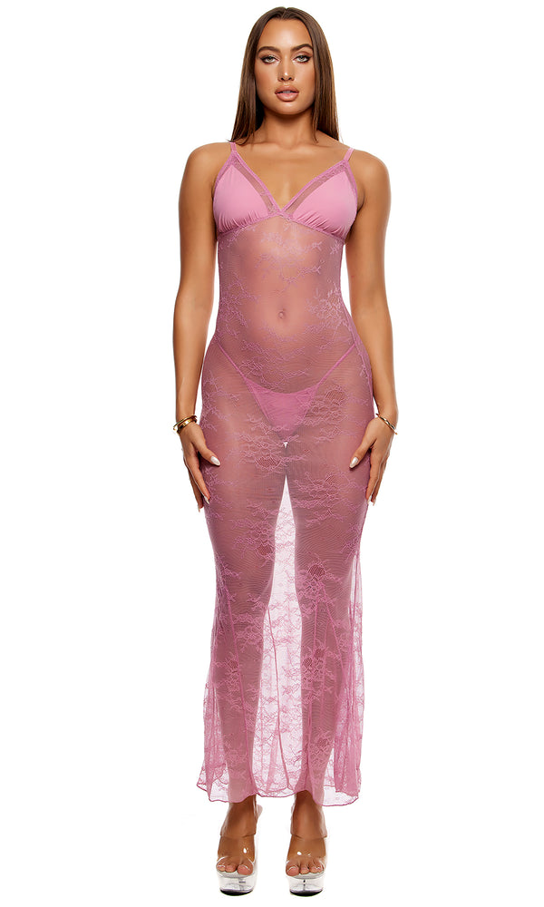 forplay Take It Easy Lounge Lace Nightgown Lingerie Set - Mauve Mauve