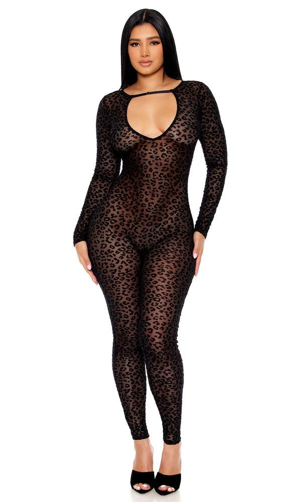 Forplay That's The Spot Keyhole Cutout Leopard Jumpsuit Black