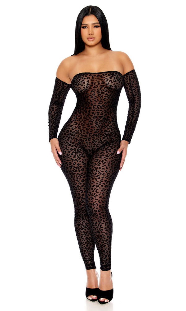 Forplay That's The Spot Off The Shoulder Leopard Jumpsuit Black