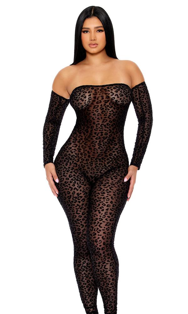 forplay That's The Spot Off The Shoulder Leopard Jumpsuit Black