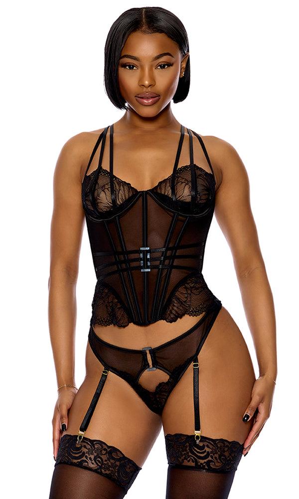 forplay Thirst Strap Strappy Lace Bustier Lingerie Set Black