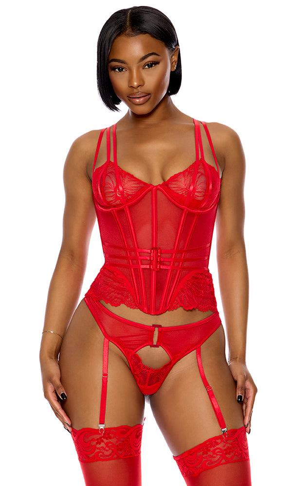 forplay Thirst Strap Strappy Lace Bustier Lingerie Set Rose