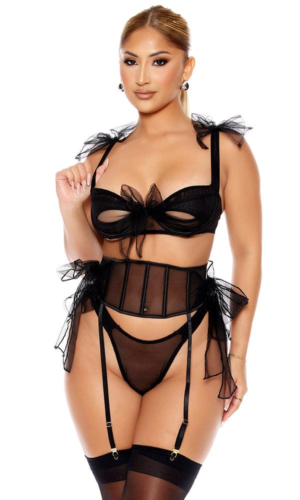 forplay Unwrap Me Mesh Bow Detail bra and Waist Cincher Set Black