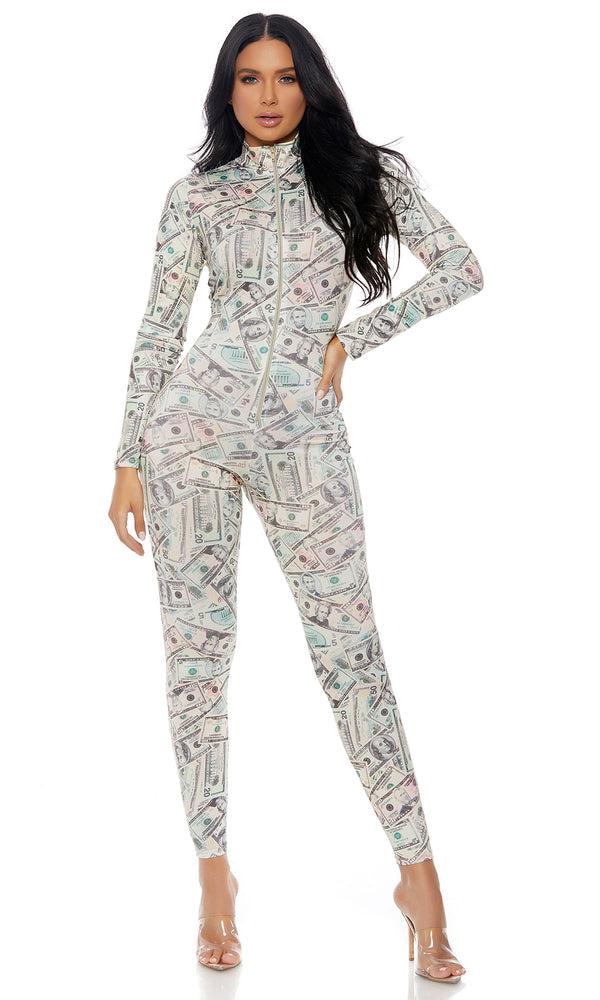 Forplay Zipfront Money Print Jumpsuit By Forplay Cream