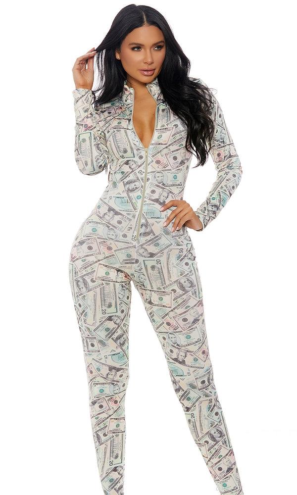 forplay Zipfront Money Print Jumpsuit by Forplay Cream