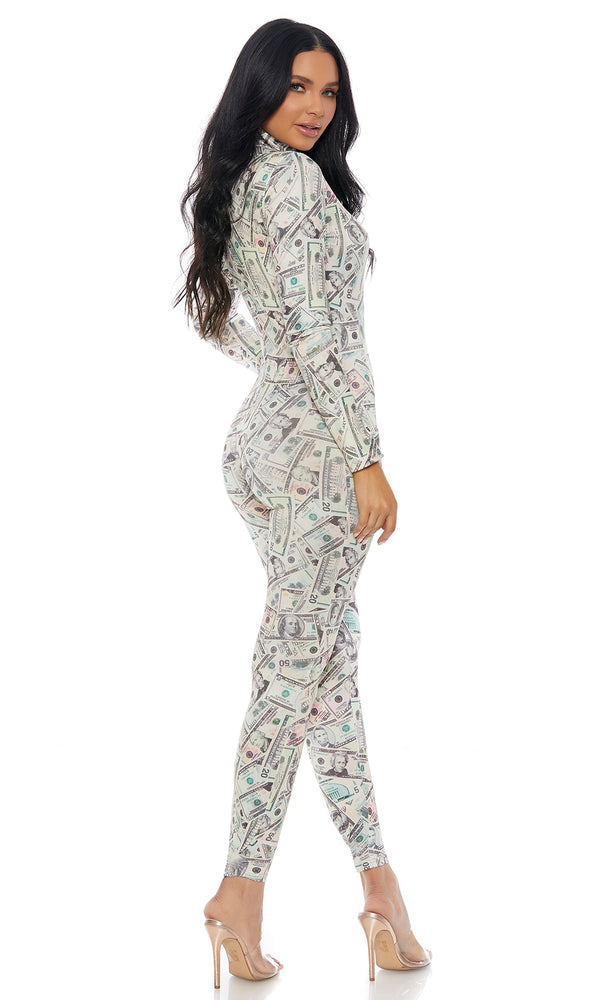 Forplay Zipfront Money Print Jumpsuit By Forplay Cream