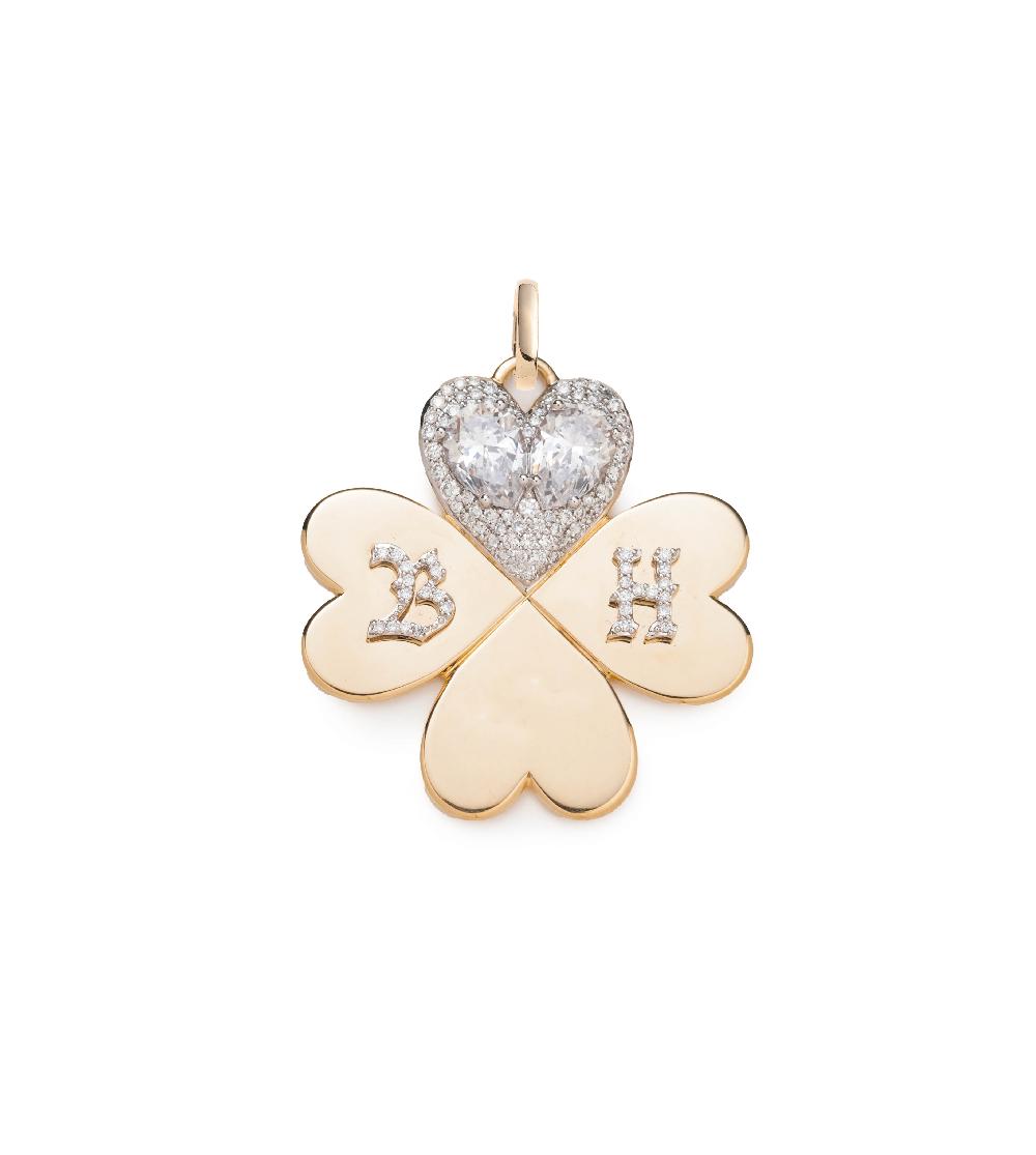 foundrae Custom Four Heart Clover Large Pendant in Yellow Gold with Pear Diamonds with an Annex Link