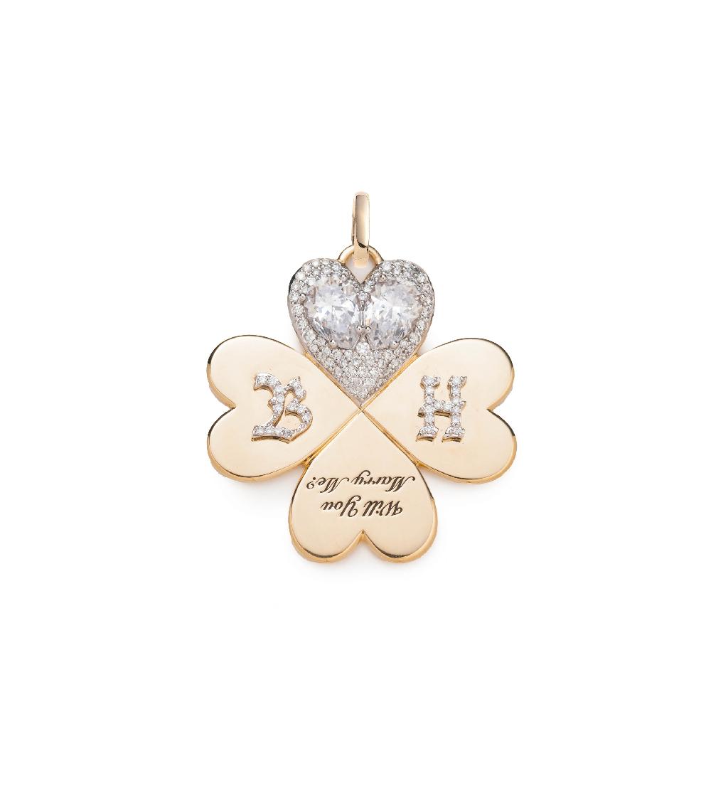 foundrae Custom Will You Marry Me Large Pendant in Yellow Gold with Pear Diamonds with an Annex Link