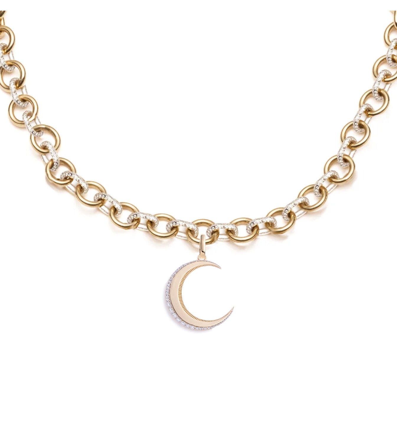 foundrae Engravable Crescent Pave Midsized Mixed Link Necklace