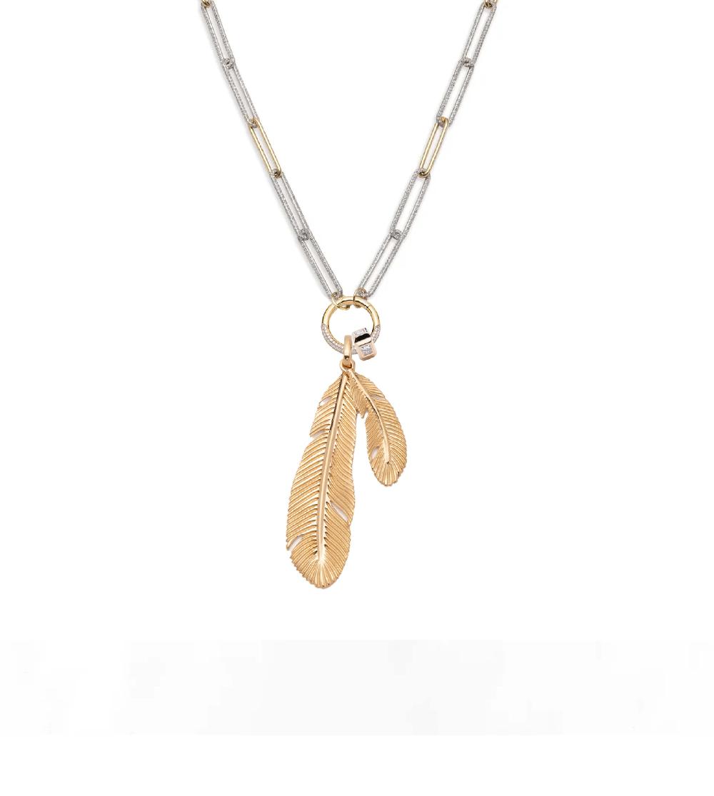 foundrae Feather Extended Clip Open Chain Necklace in Yellow Gold with Pave Diamonds
